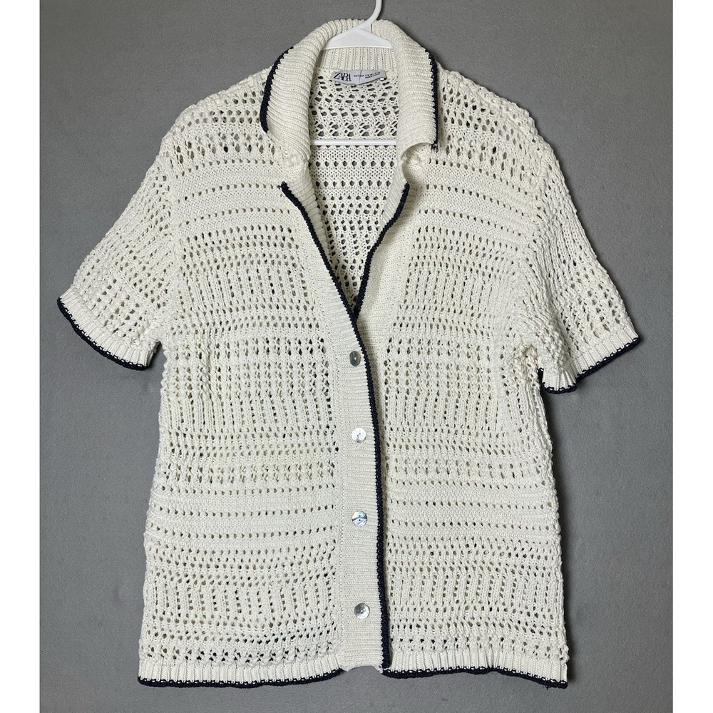 Zara Oversized Knit Polo Sweater Cream Crochet Cardigan Women's S-M